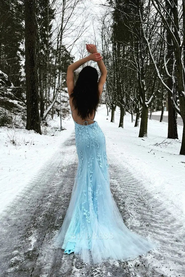 Mermaid Spaghetti Straps Lace Light Blue Long formal dresses Bridesmaid Dresses evening gown Prom Dress