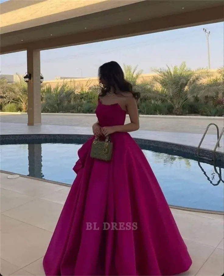 A Line Strapless Hot Pink Pretty Long Satin formal dresses Bridesmaid Dresses evening gown Prom Dress