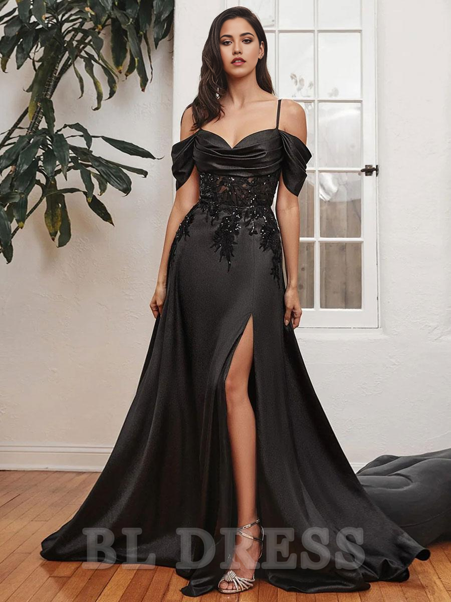 A-Line Square Neck Train Sleeveless Backless Split Front Satin formal dresses Bridesmaid Dresses evening gown Prom Dress