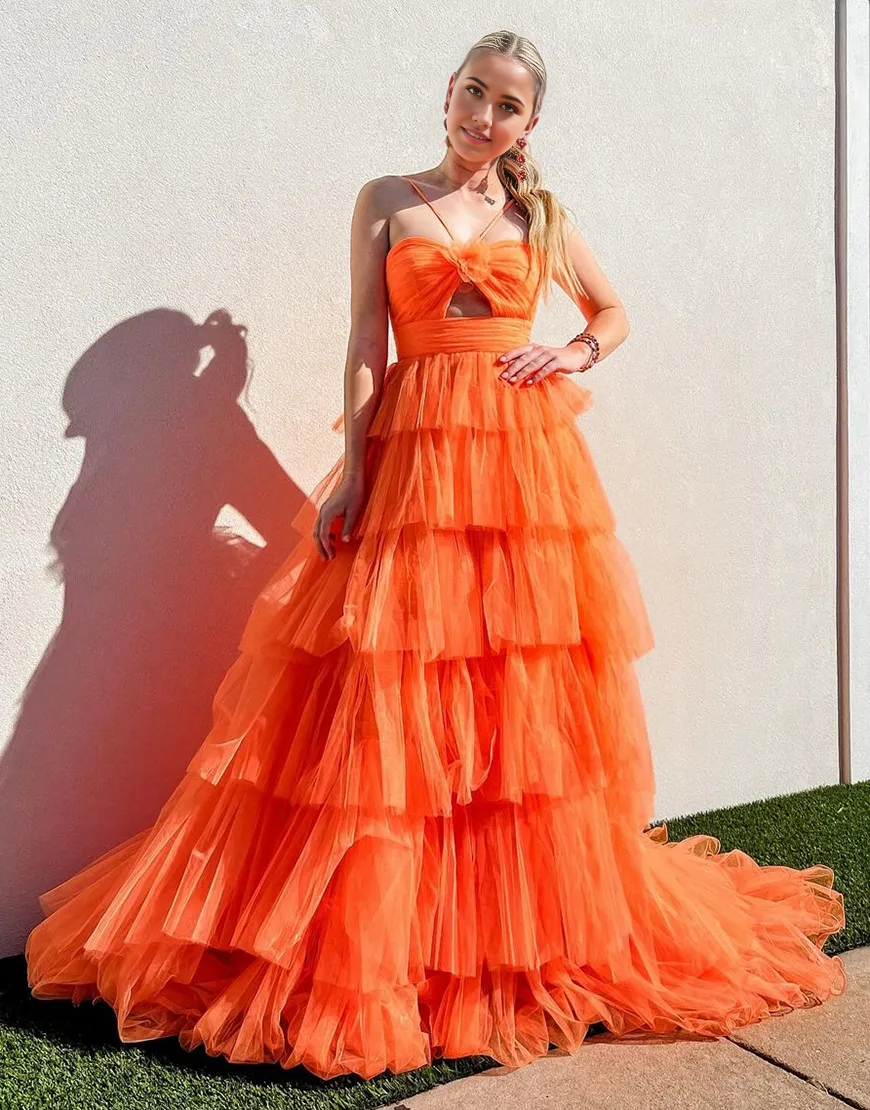 A-Line Spaghetti Straps Flower Tiered Tulle Orange Long formal dresses evening gown Prom Dress