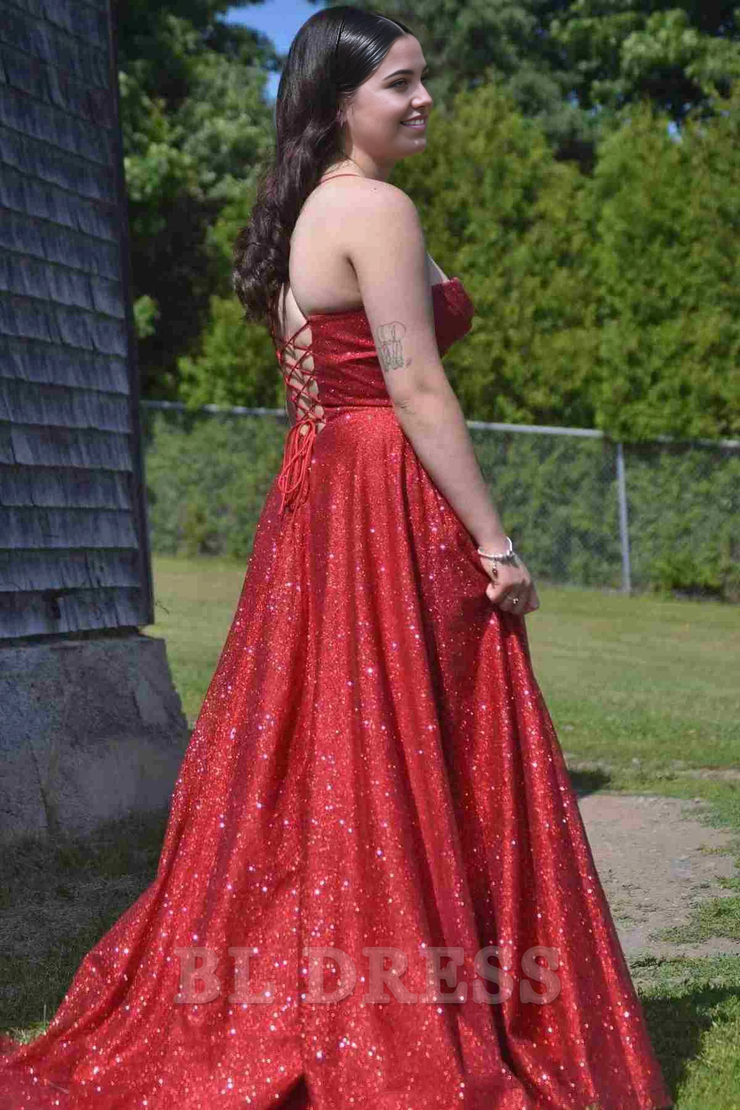 plus size A-Line Spaghetti Straps Glitter Sleeveless Long formal dresses evening gown Prom Dress with Slit