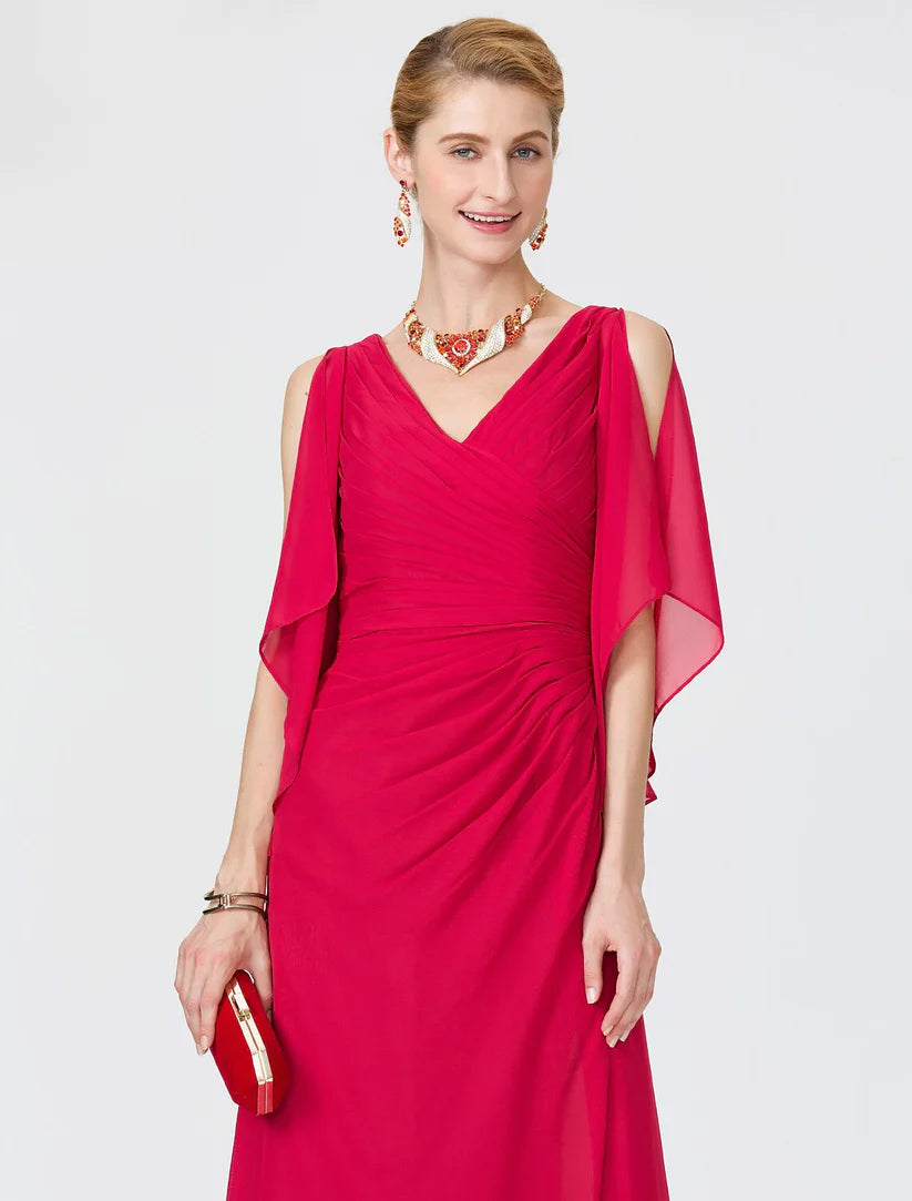 Sheath / Column Mother of the Bride Dress Furcal V Neck Floor Length Chiffon Half Sleeve No with Criss Cross Split Front