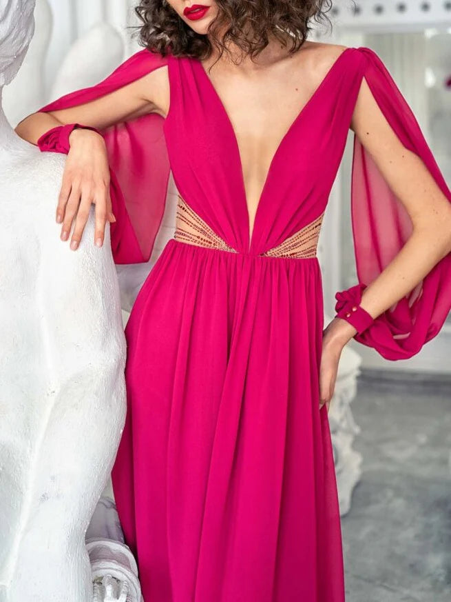 A-Line V Neck Long Sleeves Floor Length Evening Dress