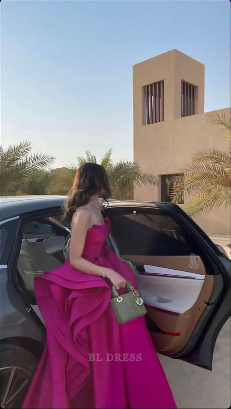 A Line Strapless Hot Pink Pretty Long Satin formal dresses Bridesmaid Dresses evening gown Prom Dress