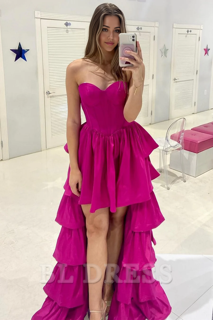 A-line Sweetheart Ruffle Tiered High-Low formal dresses Bridesmaid Dresses evening gown Prom Dress