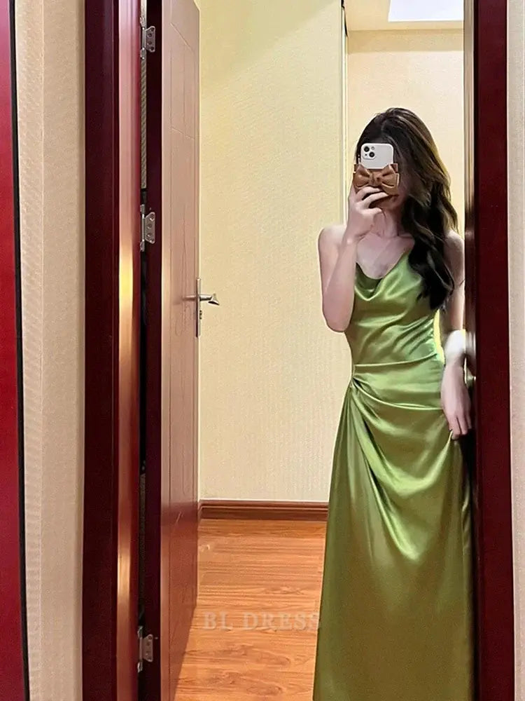 Sheath Spaghetti Straps Green Satin Long formal dresses Bridesmaid Dresses evening gown Prom Dress