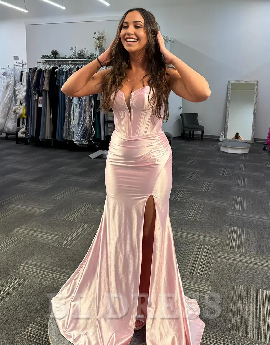 Mermaid Strapless Corset Ruched Satin Light Pink Long formal dresses evening gown Prom Dress with Slit