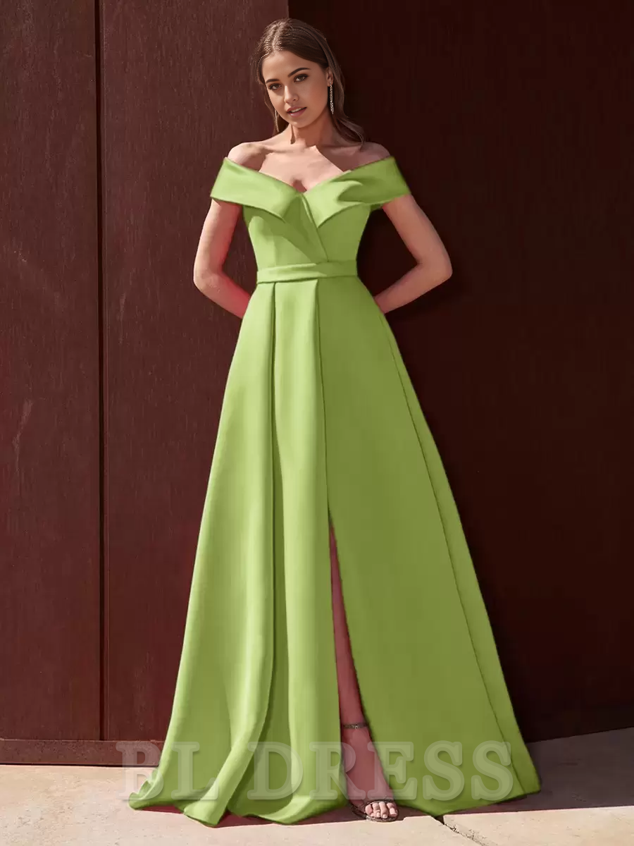 A-Line Off-The-Shoulder Train Sleeveless Zipper Pleated Satin formal dresses Bridesmaid Dresses evening gown Prom Dress