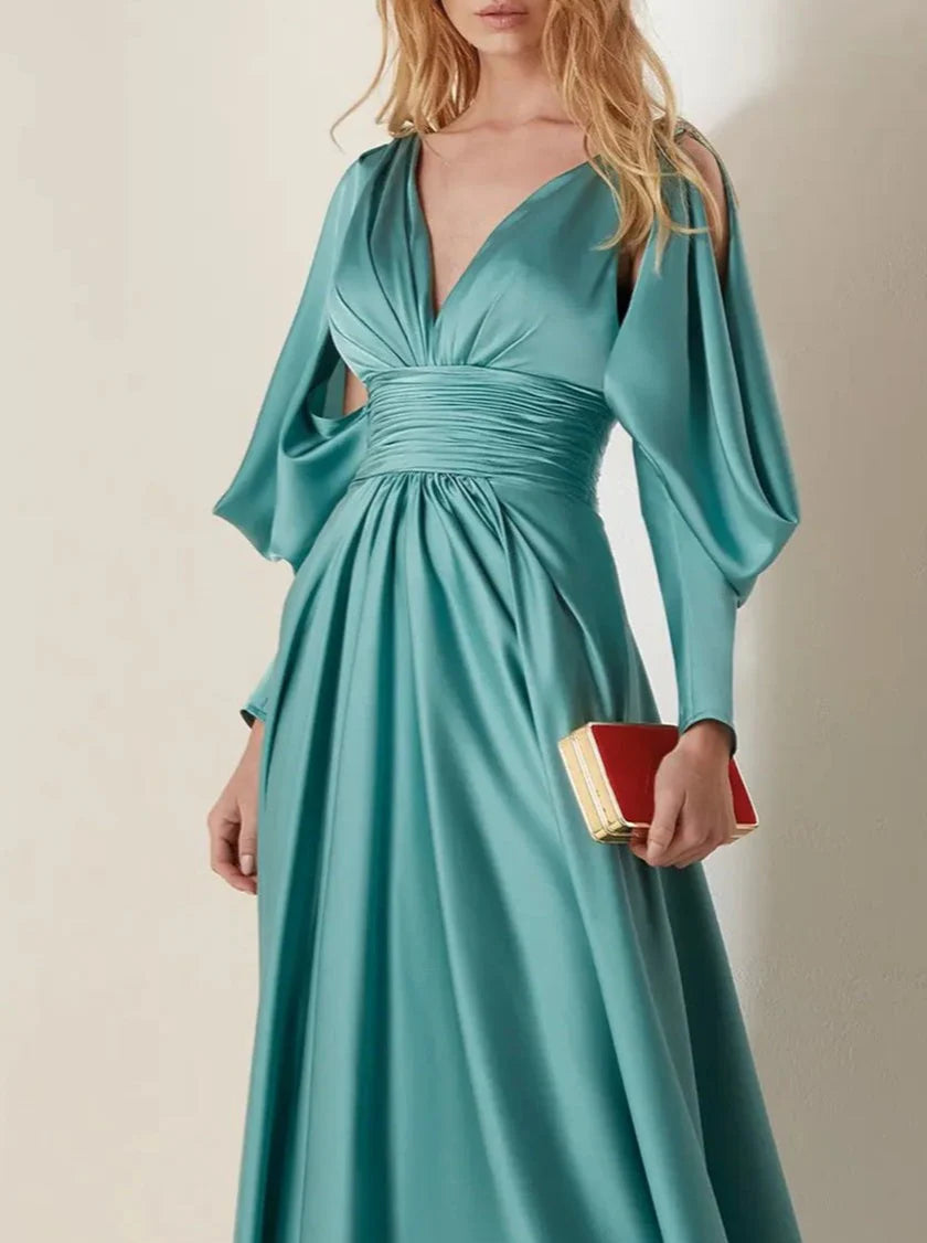 A-Line V Neck Long Sleeves Floor Length Evening Dresses
