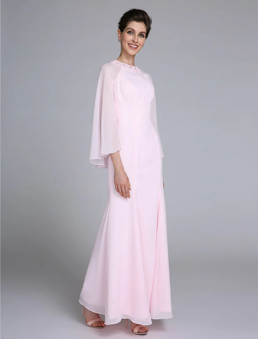 Mermaid / Trumpet Mother of the Bride Dress Elegant Jewel Neck Ankle Length Chiffon Long Sleeve No with Beading