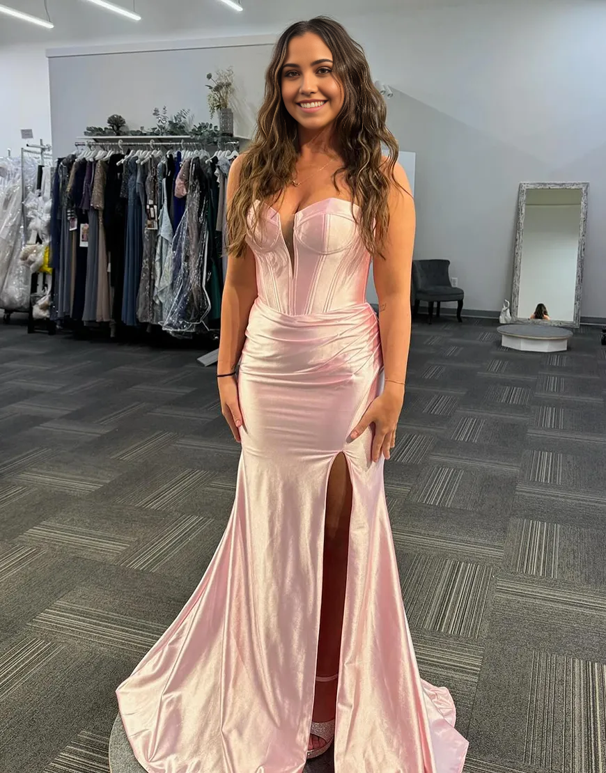Mermaid Strapless Corset Ruched Satin Light Pink Long formal dresses evening gown Prom Dress with Slit
