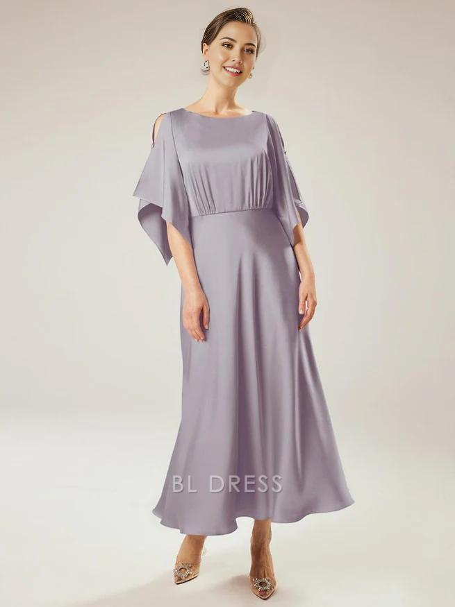 A-Line Jewel Neck Short Sleeves Ankle-Length Wedding Guest Party Dresses Mother of the Bride Dresse