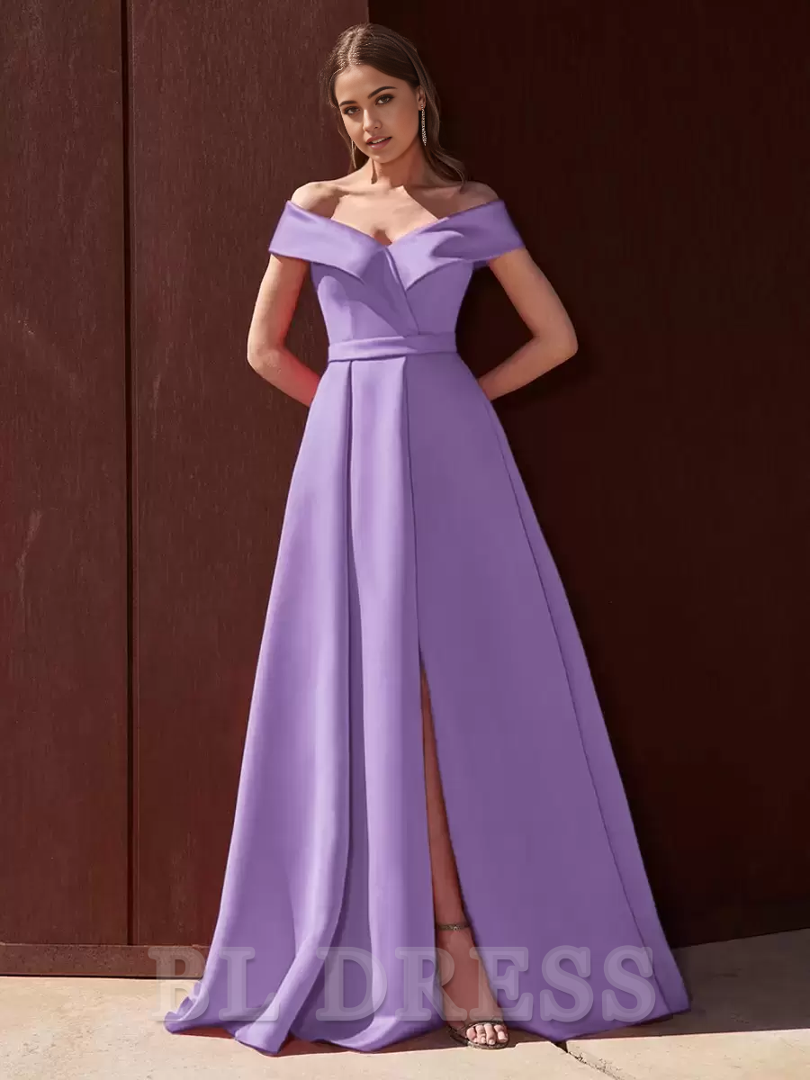 A-Line Off-The-Shoulder Train Sleeveless Zipper Pleated Satin formal dresses Bridesmaid Dresses evening gown Prom Dress