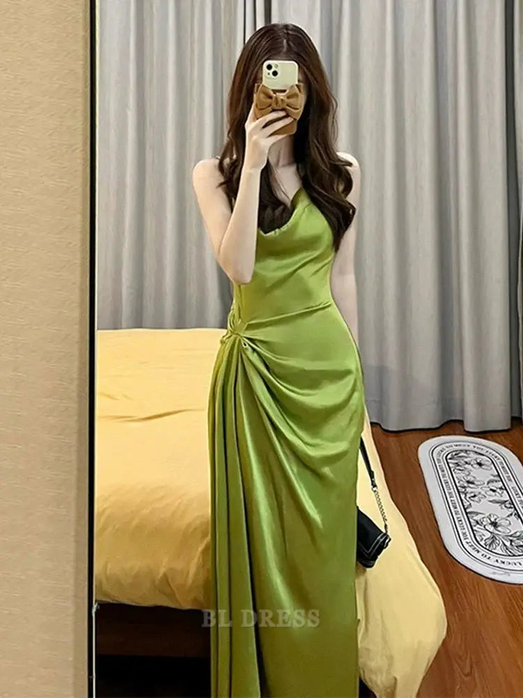 Sheath Spaghetti Straps Green Satin Long formal dresses Bridesmaid Dresses evening gown Prom Dress