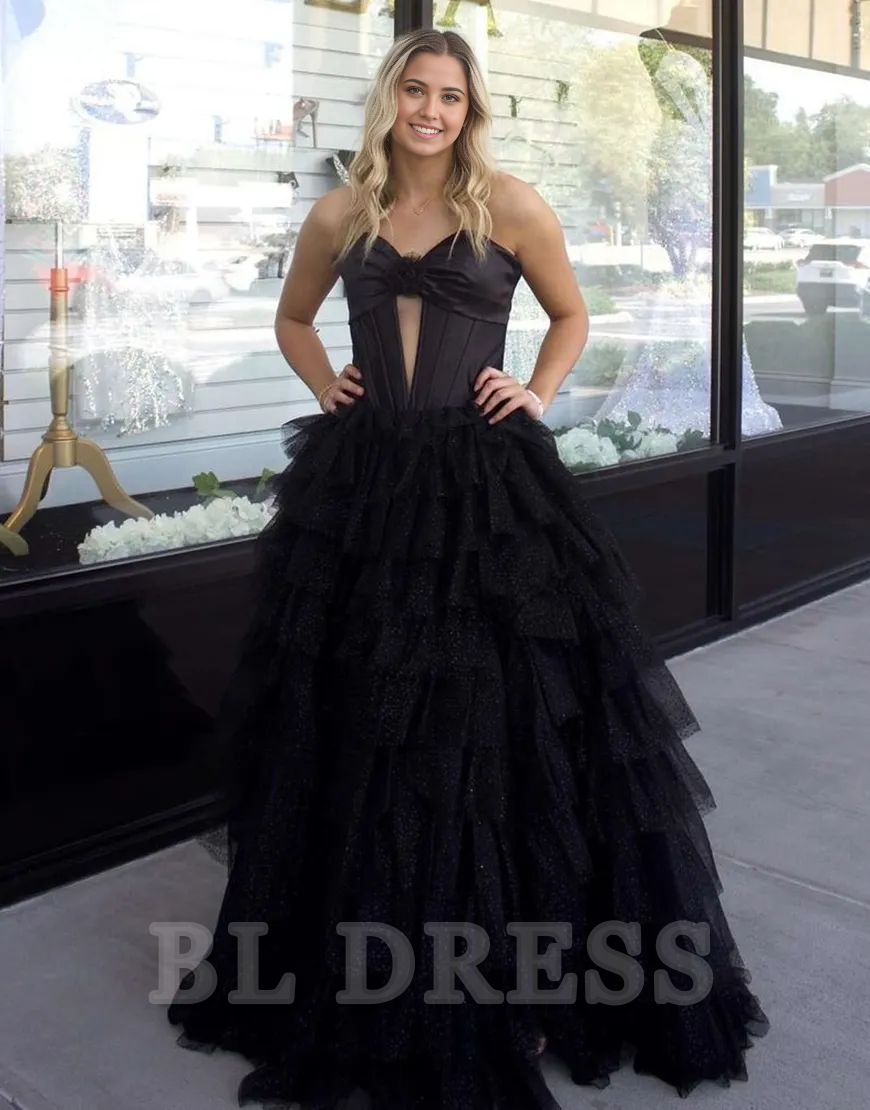 A-Line Sparkly Strapless Flower Tiered Corset Black Long formal dresses evening gown Prom Dress with Slit
