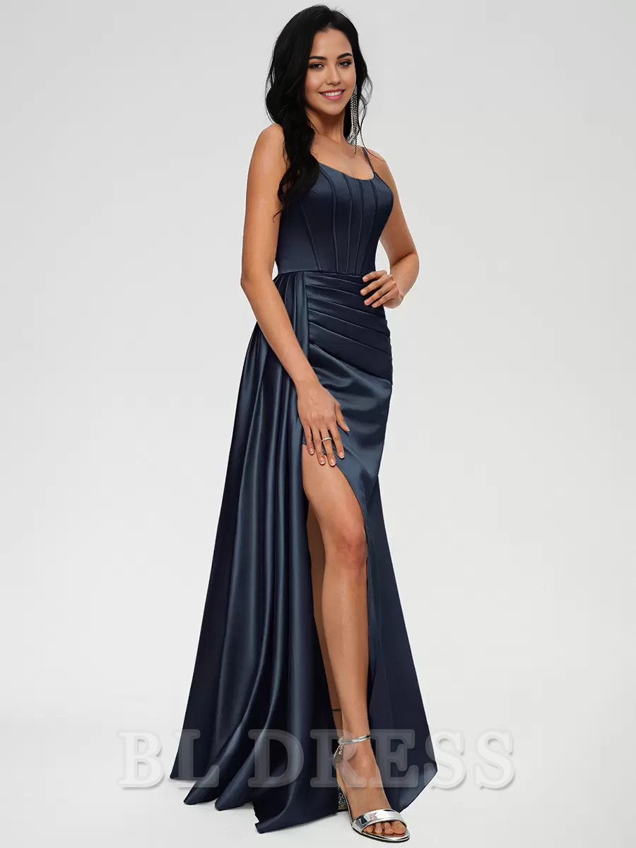 Mermaid Spaghetti Straps Floor-Length Zipper Satin formal dresses Bridesmaid Dresses evening gown Prom Dress