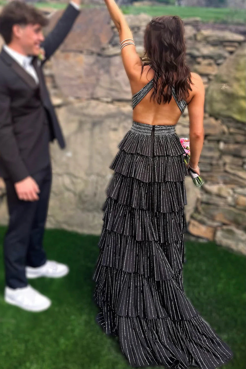 Cute A Line V Neck Black Satin Tiered Long Prom Dress