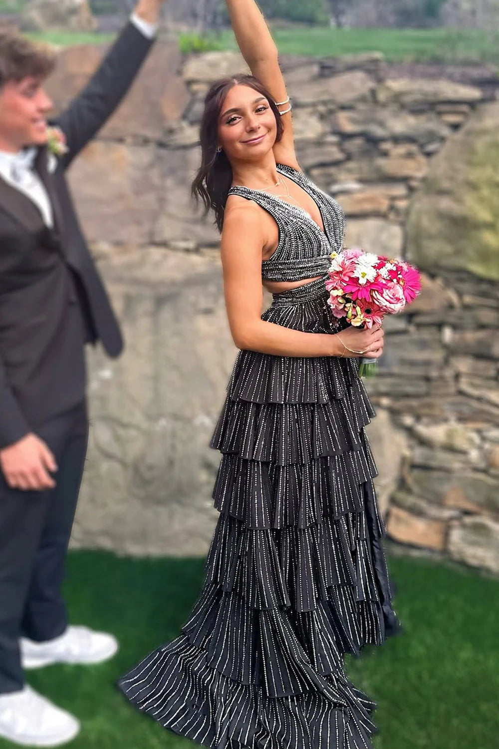 Cute A Line V Neck Black Satin Tiered Long Prom Dress