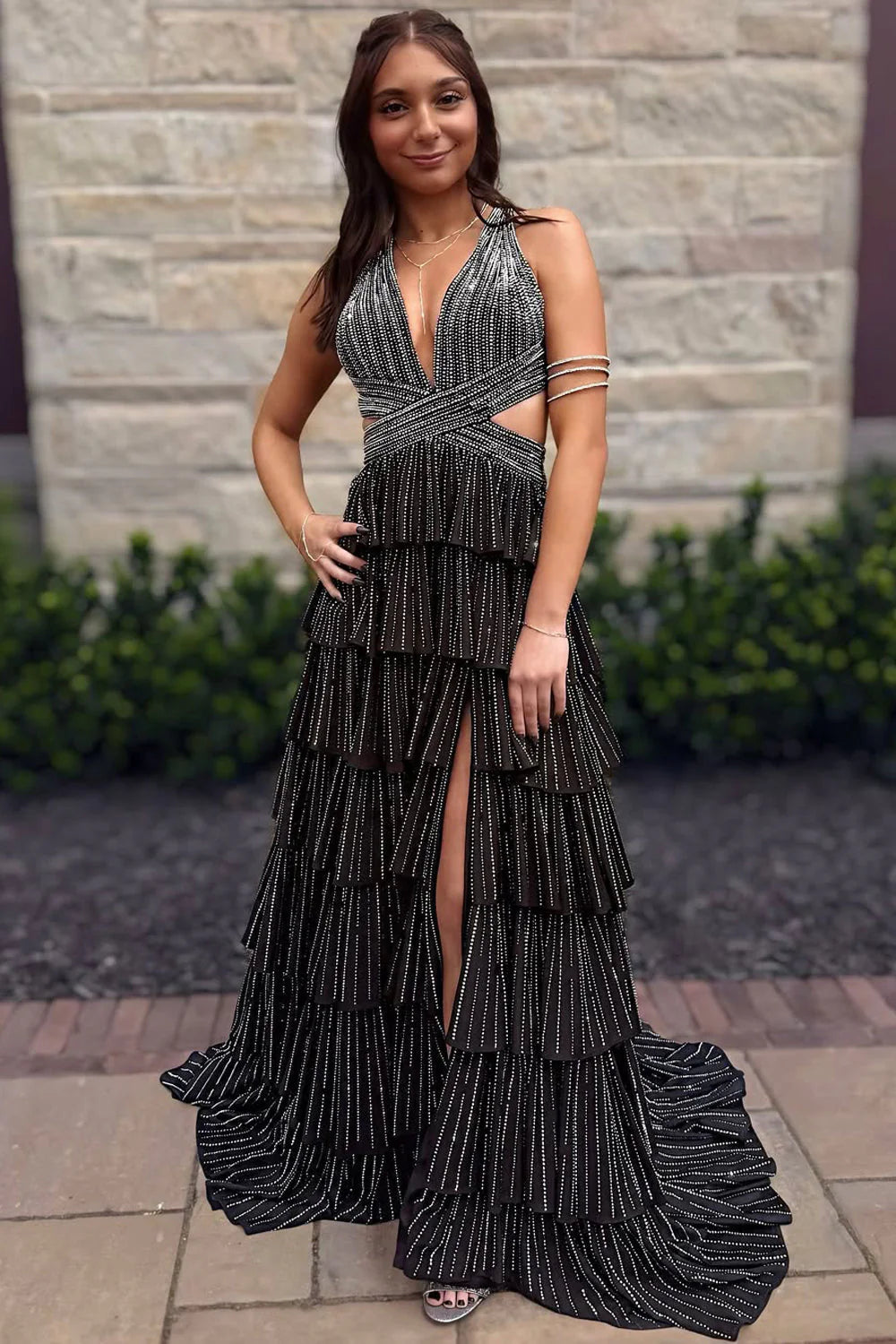 Cute A Line V Neck Black Satin Tiered Long Prom Dress