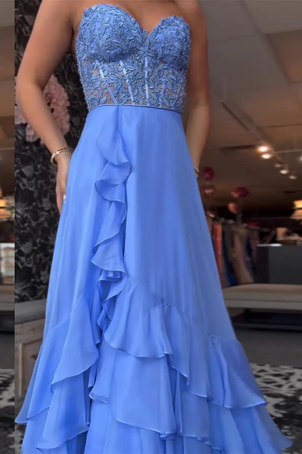 A Line Sweetheart Blue Chiffon Tiered Long Prom Dresses