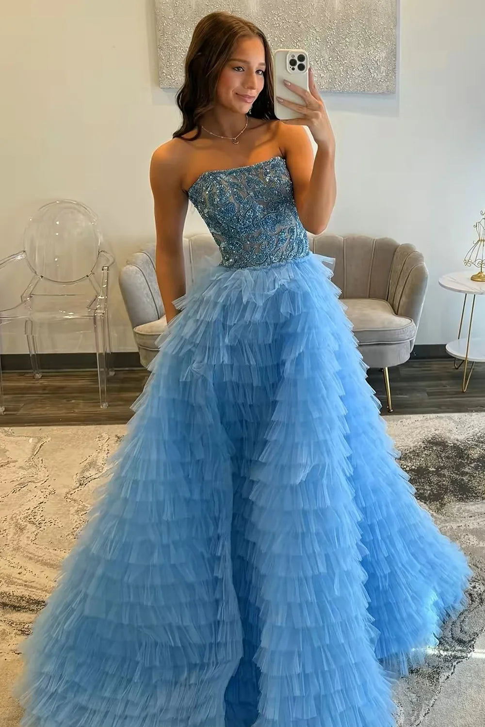 Ball Gown Blue Tiered Prom Dresses with Beading