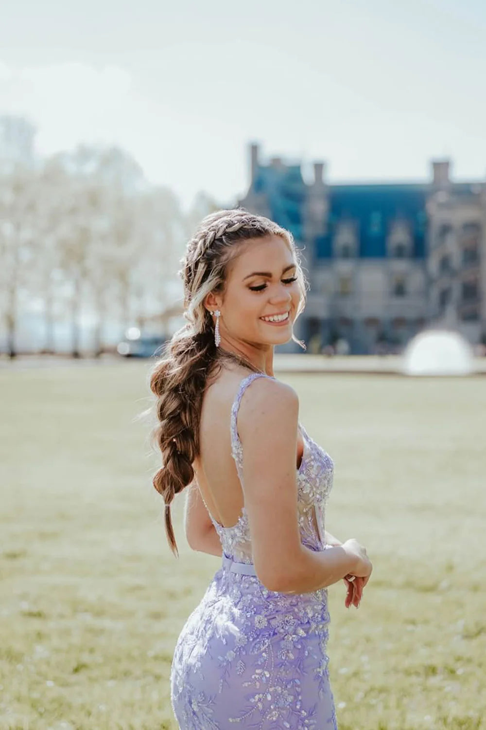 Fashion Mermaid Straps Lavender Long Prom Dresses with Beading Appliques