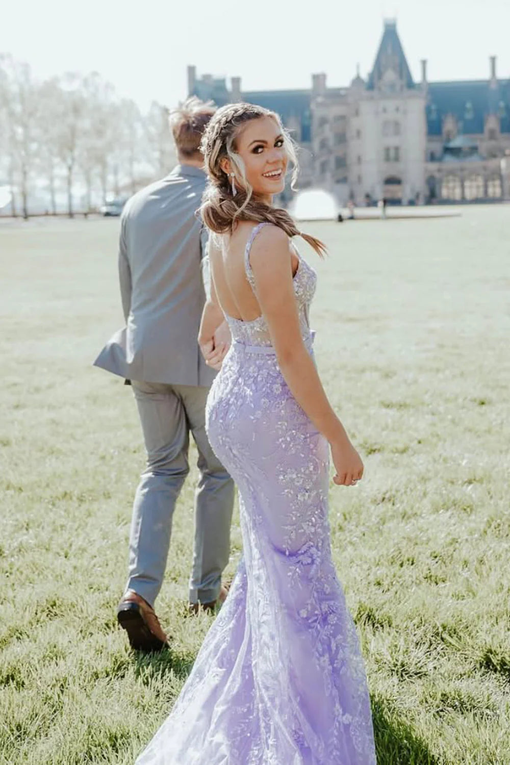 Fashion Mermaid Straps Lavender Long Prom Dresses with Beading Appliques