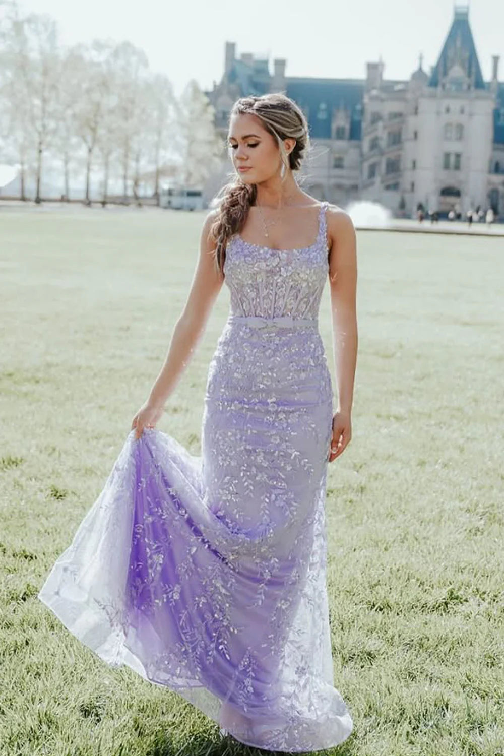 Fashion Mermaid Straps Lavender Long Prom Dresses with Beading Appliques