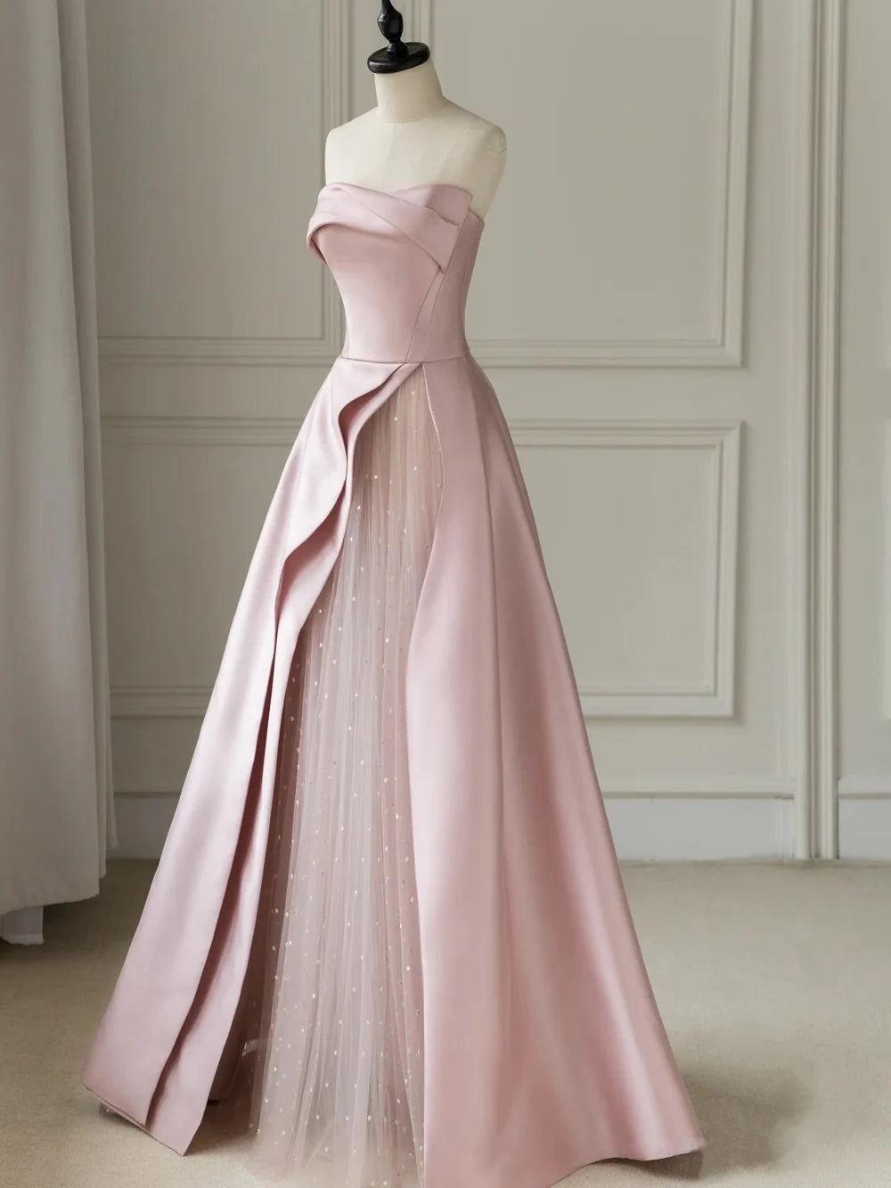A-Line Floor-Length Slit with Tulle Strapless Prom Dress