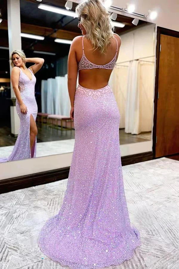 New Style V Neck Sleeveless Long Prom Dress Sparkly Sequined Evening Dress with Slit