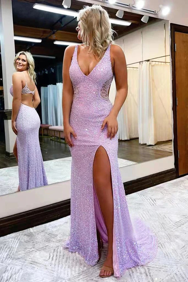 New Style V Neck Sleeveless Long Prom Dress Sparkly Sequined Evening Dress with Slit
