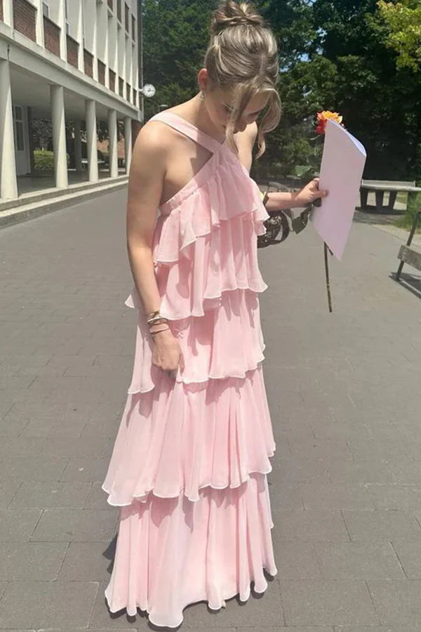 A Line Tiered Chiffon Long Formal Prom Dress Pink Bridesmaid Dress