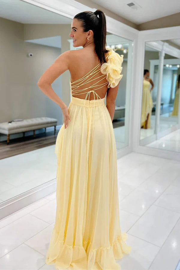 Light Yellow A-line Sleeveless One Shoulder Long Prom Dress with Ruffles
