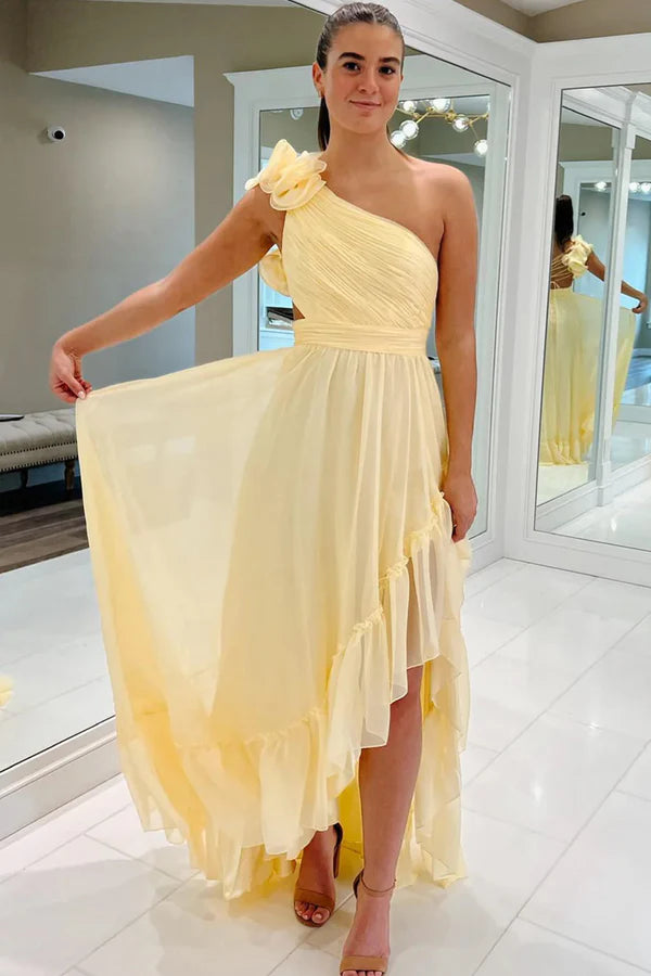 Light Yellow A-line Sleeveless One Shoulder Long Prom Dress with Ruffles