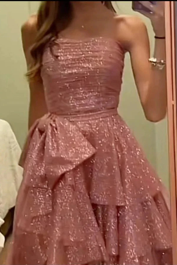 Fancy High Low Strapless Rose Gold Sequin Long Prom Dresses Evening Gown