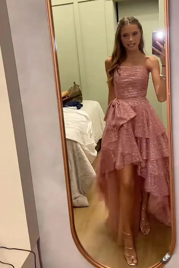 Fancy High Low Strapless Rose Gold Sequin Long Prom Dresses Evening Gown