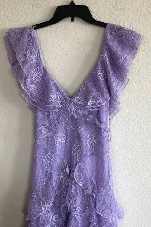 Lavender Lace V-Neck Long Prom Dress Sleeveless Evening Gown Party Dress