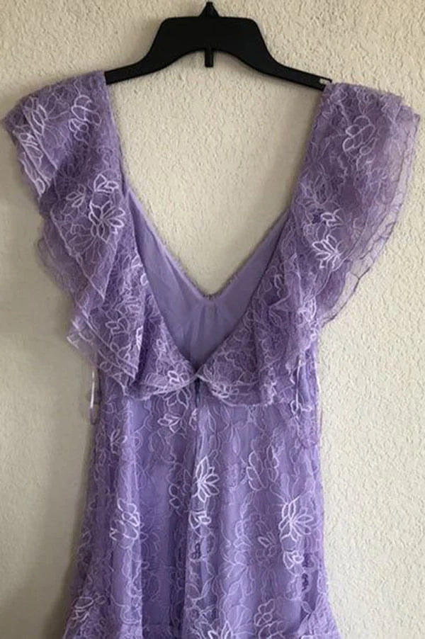 Lavender Lace V-Neck Long Prom Dress Sleeveless Evening Gown Party Dress