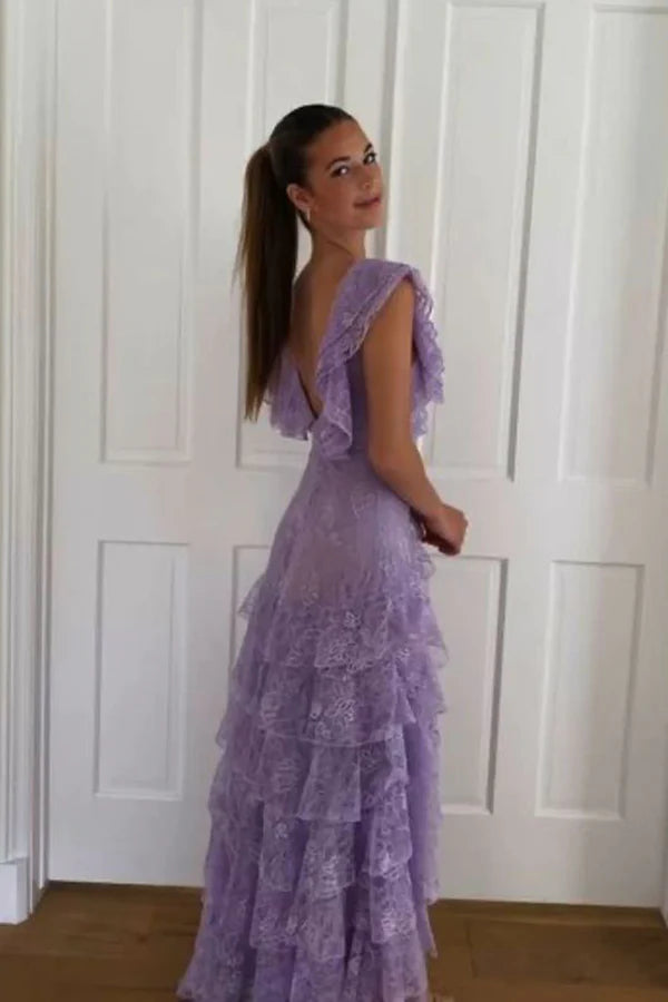 Lavender Lace V-Neck Long Prom Dress Sleeveless Evening Gown Party Dress