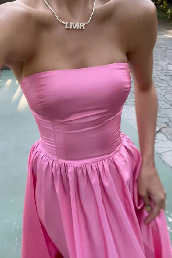 Pink Strapless High Leg Split Prom Dress Floor Length Party Dresses