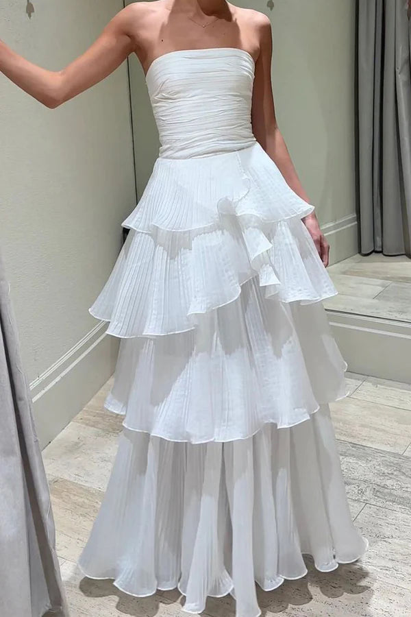 White Strapless Tiered Floor Length Prom Dress A Line Ruched Long Formal Evening Dress
