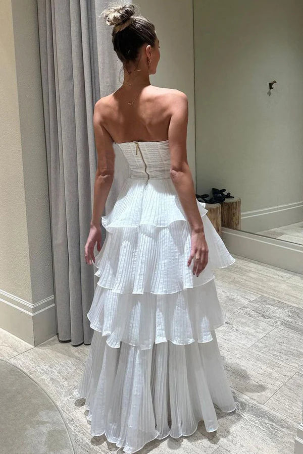 White Strapless Tiered Floor Length Prom Dress A Line Ruched Long Formal Evening Dress