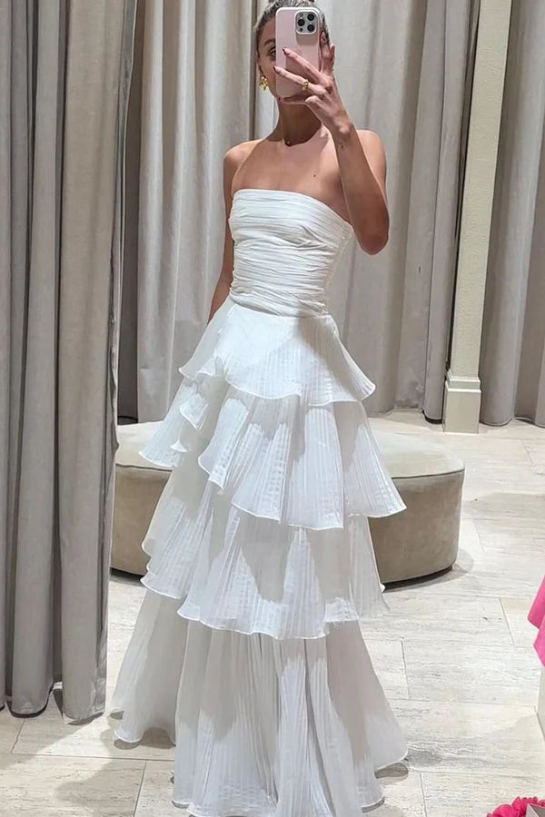 White Strapless Tiered Floor Length Prom Dress A Line Ruched Long Formal Evening Dress