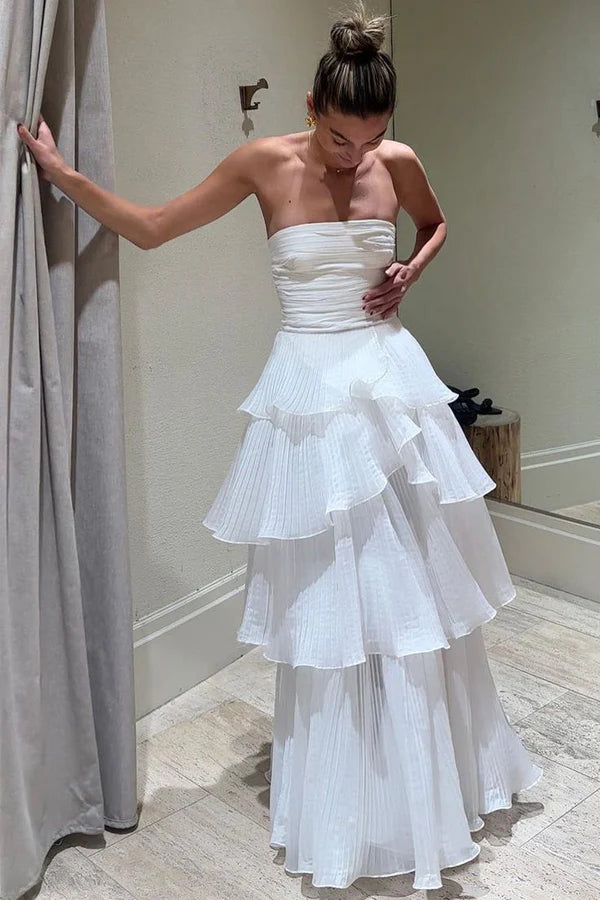 White Strapless Tiered Floor Length Prom Dress A Line Ruched Long Formal Evening Dress