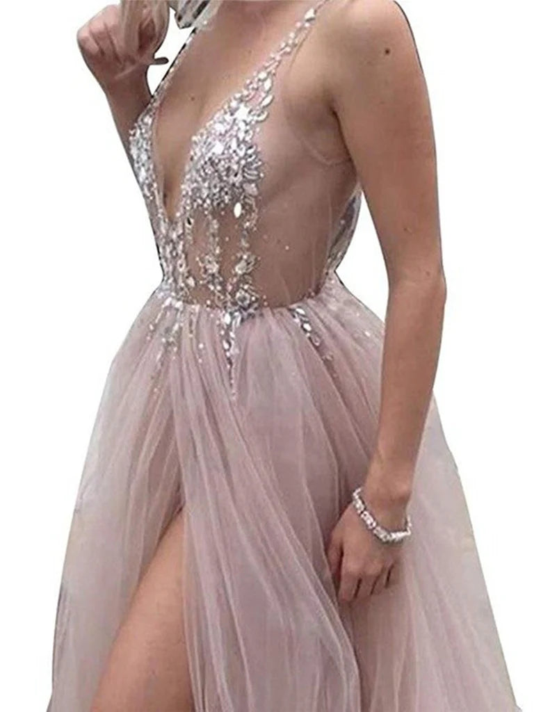 A-line V Neck Backless Beaded Tulle Long Prom Dress Evening Dress With Slit