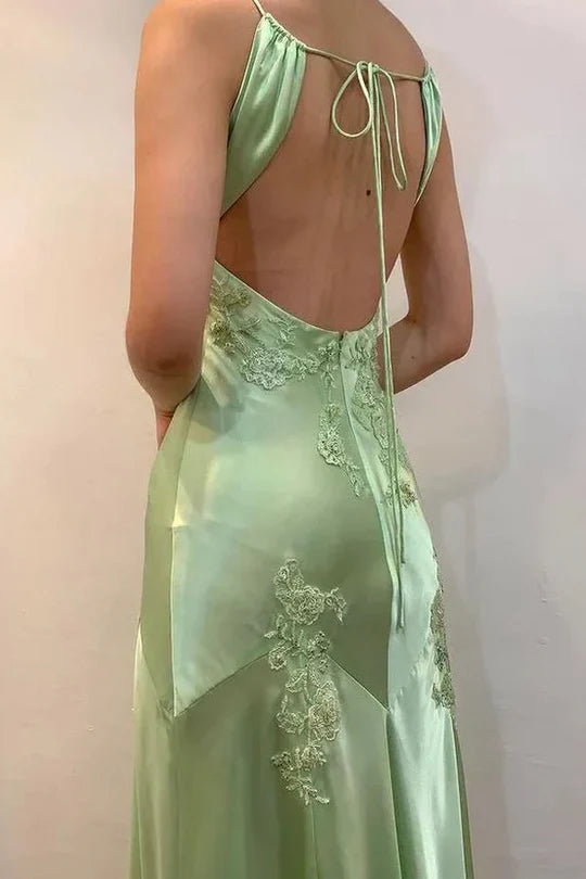 Elegant Green Straps V-Neck Appliques Satin Backless Prom Dress