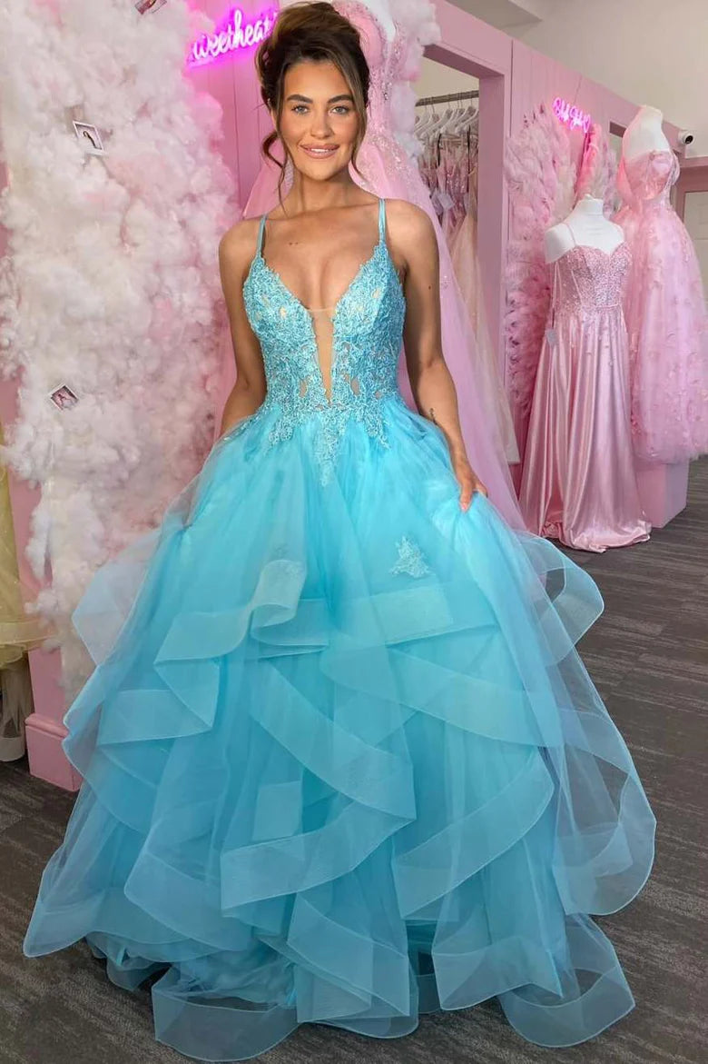 A-Line Empire-Waist Sleeveless V-Neck Ruffles Appliques Long Prom Dress