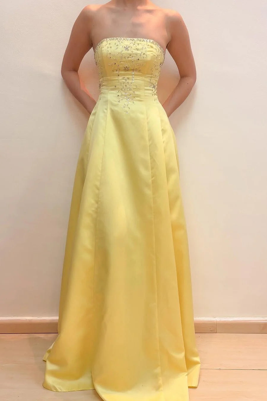 Yellow Strapless Appliques A-Line Satin Empire-Waist Long Prom Dress