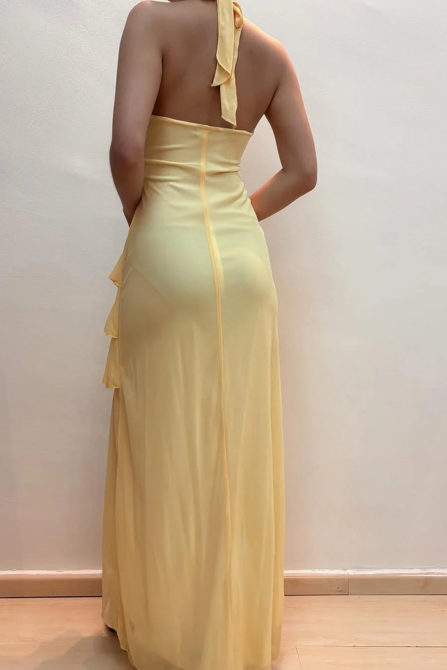 Halter V-Neck Beaded Ruffles Chiffon Sleeveless Prom Dress