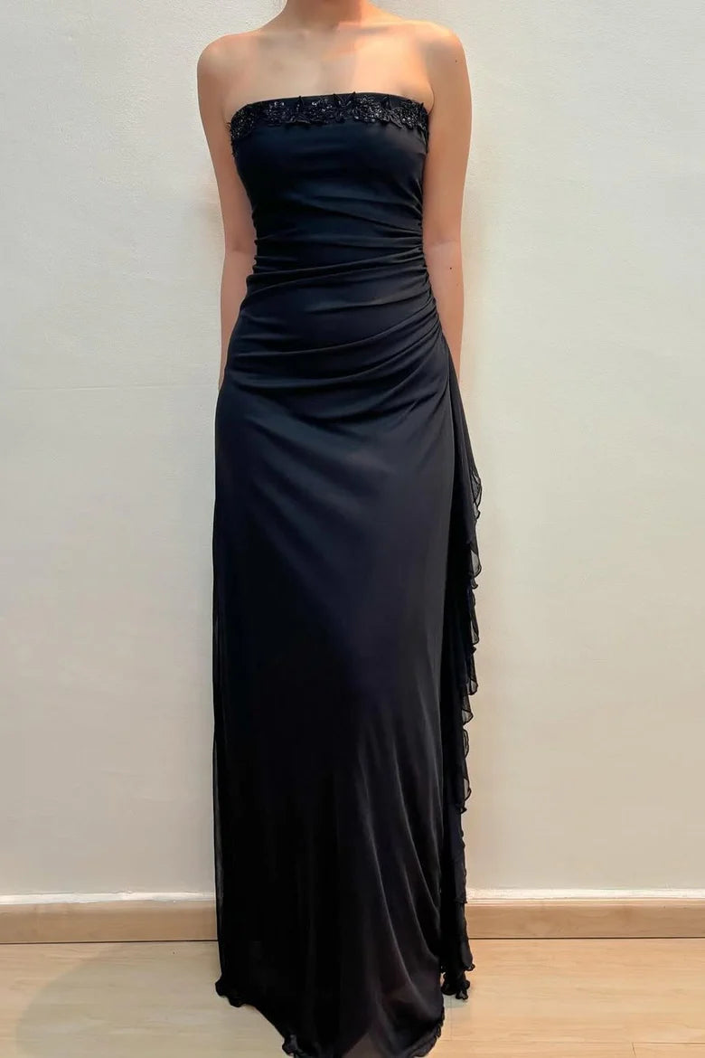Black A-Line Strapless Empire-Waist Pleats Appliques Long Prom Dress
